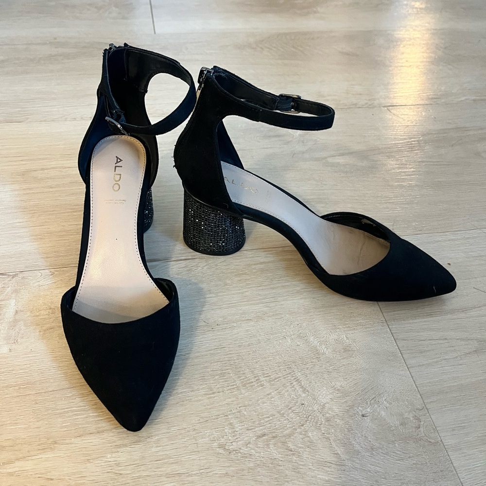 Aldo Black Suede Point Toe Heels with Sparkles